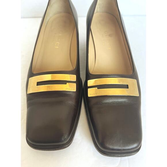 Vintage Gucci Brown Leather Square Toe Gold Plate  Block Low Heel Pumps 6C Wide - Picture 3 of 12